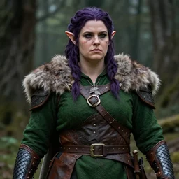 anya charlota as a medieval fantasy wood elf, dark purplish hair tucked behind ears, wearing a green tunic with a fur lined collar and brown leather armor, wide, muscular build, scar across nose, one black, scaled arm, cinematic, character art, digital art, forest background, realistic. 8 k,