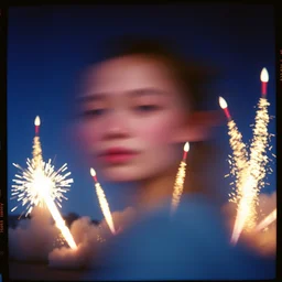 kodak portra 4 0 0, wetplate, muted colours, blueberry, 1 9 1 0 s style, motion blur, portrait photo of a backdrop, explosions, rockets, sparkling, by georges melies and by britt marling