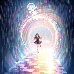 anime girl falling into a rainy tunnel hologram by yuumei, featured on pixiv, holography, official art, pixiv, glowing lights