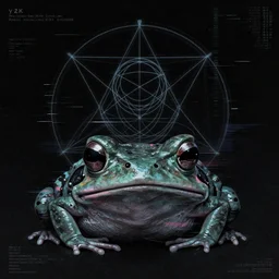 toad head, ryuta ueda artwork, breakcore, style of jet set radio, y 2 k, gloom, space, frequency, subtle glitches, frogs, amphibians, sacred geometry, data, minimal, code, cybernetic, dark, eerie, cyber