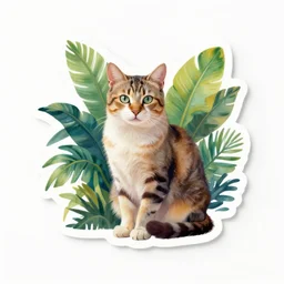 custom cut vinyl sticker of a gouache painting of cat sitting between tropical plants, white background, sharp, clear focus, high quality, studio lighting
