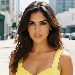 close up portrait of a beautiful, attractive brown hair woman, mid-20s, face of Eva Longoria, wearing a yellow sundress, in downtown Los Angeles, Kodak Portra film, film photography, grainy photo