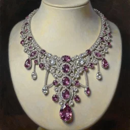 highly detailed oil painting, front view, very realistic gemstones, art nouveau, ornate, delicate, brilliant precious gemstones necklace, necklace on display in an oval, dramatic light,