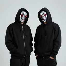 two guys dressed in black hoodies wearing chrome masks with red lights for eyes