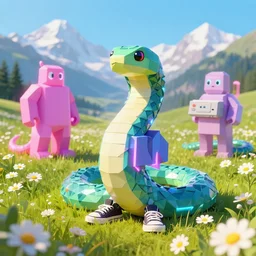 lowpoly ps 1 playstation 1 9 9 9 glowing neon anthropomorphic behemoths great serpent maid standing in a field of daisies wearing converse shoes, swiss alps in the distance digital illustration by ruan jia on artstation
