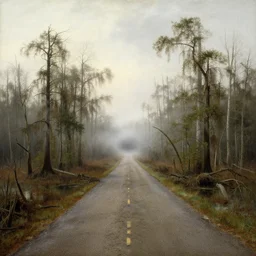 dangerous swamp, corduroy road, fog, hudson river school painting, naturalism