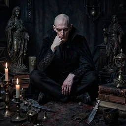 dark night portrait of a thin neurotic forty two year old british man vampire feeling confidant in a cluttered room full of ancient artifacts dark dusty ( bald ) statues runes books magical arcane instruments candlesticks ritual stone knife drapery bloody atmospheric f / 1. 4 hdr