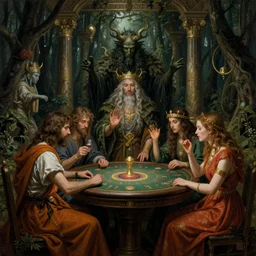 gambling with pagan gods in the temple of the forest god, by dave dorman hieronymus bosch, cyril rolando, esher and natalie shau, whimsical, profound, impossible, dark, atmospheric, brooding, digital painting, intricate.