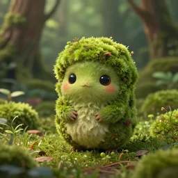 a highly detailed digital painting of a tiny cute mossy forest creature by bobby chiu, trending on artstation, octane render, 4 k, unreal 5, big amber eyes, smiling, at sunset, macro photography, goro fujita