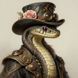 portrait of snake with a big bushy beard, hat steampunk, floral!, intricate, elegant, highly detailed, ray tracing, digital painting, artstation, concept art, smooth, sharp focus, illustration, art by artgerm and greg rutkowski and alphonse mucha, 8 k