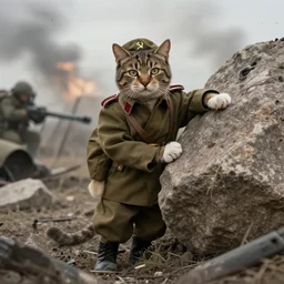 cat with soviet army clothes mid war using a boulder as cover, war field, destruction, cinematic, epic, dramatic