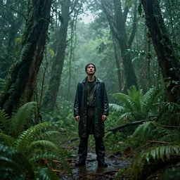 a human researcher standing in the rainforest, post - apocalypse, cinematic by hugh ferriss
