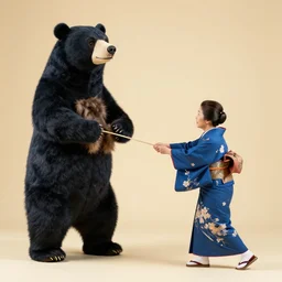 bunraku puppet, lone old woman walking pulls some fur from the chest of a big black bear, beautiful blue kimono, side view, studio lighting, sigma 8 5 mm f / 1. 4, hd, 8 k