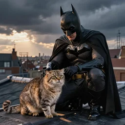 Batman petting his Pallas cat on a rooftop, by Steven Spielberg
