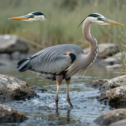 giant dinosaur - like great blue heron wading in a rocky river, fantasy monster concept art
