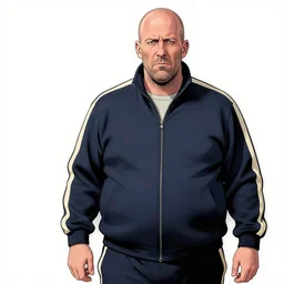 lone overweight jason statham in a track suit, judgmental, graphic novel full frame colour drawing