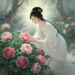 ancient fantasy garden, beautiful woman caring for peonies, natural pose, fantasy world, ethereal back light, mist, coherent composition, detailed fantasy painting, noriyoshi ohrai, yuumei