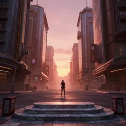 tall dieselpunk buildings on a long street, a person standing alone, telephone wires between the buildings, signs and flatscreens, a flat ornate marble step down from the street, newpaper boxes, dust red sun set light, dslr, hdr, octane render, 3 d shading, cgsociety, horde 3 d, volumetric lighting, ray tracing, 3 dexcite, zbrush, substance designer