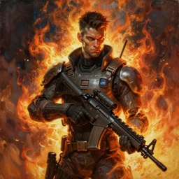 painting by theo prins, cyberpunk soldier, armed, dangerous, fire