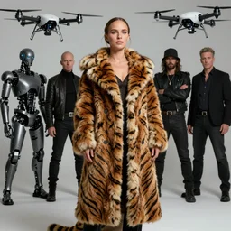 natalie portman wearing tiger skin fur coat, robotic drones, highly detailed by peter mohrbacher, hajime sorayama, wayne barlowe, boris vallejo, aaron horkey, gaston bussiere, craig mullins