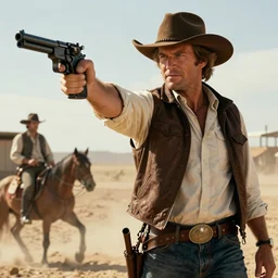 film still of jensen ackles as the man with no name by clint eastwood, pointing a gun in outland, 4 k, art by frank frazetta and artgerm