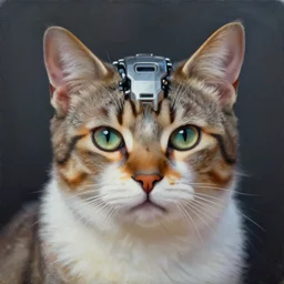 portrait painting of a cat with a cyberpunk steel implant in his head. extremely high detail, bokeh, art by daniel e. greene