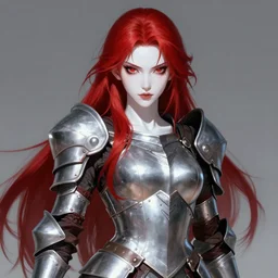 beautiful warrior lady, red long hair, practical armor, shiny white skin, demonic eyes, low fantasy, extremely detailed, sharp focus, smooth, digital illustration, by rossdraws, frank franzzeta, sakimichan
