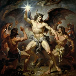 attractive male deity, casting demonic magic, summoning ( muscular ) lucifer morning star, as they battle over the earthly realm, highly detailed painting by gaston bussiere, craig mullins, j. c. leyendecker, tom of finland
