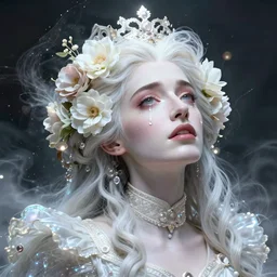 adrian brody, a colorful and vibrant majestic white queen open wide eyes drops a tear with flowers on her hair, glowing light orbs, intricate concept art, elegant, digital painting, smooth, sharp focus, ethereal opalescent mist, outrun, vaporware, cyberpunk darksynth, ethereal, ominous, misty, 8 k, by ruan jia and miho hirano, 8 k, rendered in octane