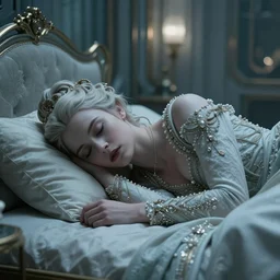 cinestill 5 0 d photography of a dystopian beautiful woma britt marling style by annie liebovitz, sleeping on a art deco bed a in a dystopian futuristic house, pale blu tonal matt, hair in baroque style, dress are intricate ornamental dress, elegant, highly detailed, soft blur, artstation, sharp focus, head in focus,