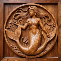 beautiful wood carving of a mermaid, realistic, 8k, detailed