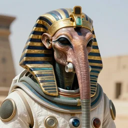 the annunaki returned to egypt wearing space suits with egyptian pharaoh head - dresses and breathing hoses that look like elephant trunks - photo, close - up, alien - looking, cyborg, detailed, photo - realism