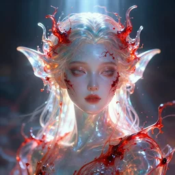 a frontal face portrait of transparent and beautiful elegant elemental entity made of blood + dissolving in to light + backlit + incredible lighting+ strong rim light + highly detailed + god rays + digital painting + HDRI, by Alvaro Castagnet, Peter Mohrbacher and Dan Mumford, vivid colors, high contrast, 8k resolution, intricate, photorealistic, smooth