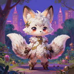 a cute chibi harpy foxgirl fursona completely covered in feathers and wearing a full outfit made of feathers is standing in anime scenery central park new york. trending on pixiv. trending on artstation. neon fantasy steampunk aesthetic. a vibrant digital oil painting. a highly detailed drawing of a character portrait by terese nielsen and edvard gurney guay