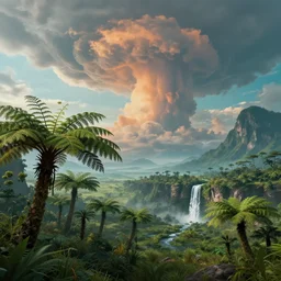 a prehistoric savanna with giant ferns, waterfall, mountains, towering cumulonimbus clouds, volumetric lighting, hazy, blue, orange, teal, washed out, an award winning digital render, beautiful, ultradetailed, hyperrealistic, great composition