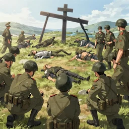 calvary soldiers in a meeting with their general before their deaths. hyperrealistic anime background illustration by kim jung gi, colorful, extremely detailed faces, intricate linework, smooth, super sharp focus, bright colors, high contrast, matte, octopath traveler, studio ghibli, unreal engine 5 highly rendered, global illumination, radiant light