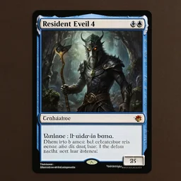 resident eveil 4 as a magic the gathering card, realistic,