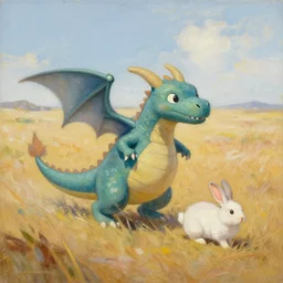 cute dragon and a rabbit  roaming the windswept field dave dorman edson campos christopher young jeff simpson allison carl hiro izawa paul chadeisson pastel painting
