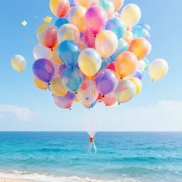digital art of plenty of birthday balloons floating above a beautiful sea. artstation cgsociety masterpiece