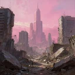 postapocalyptic city of syzran!!!, militaristic!!!, rubble, hyperrealistic, highly detailed, cinematic, pink sunlight, romantic, beautiful, cgssociety, artstation, 8 k, oil painting by greg rutkowski, by artgerm, by wlop