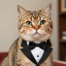 anthropomorphic color photo of a cat wearing a tuxedo costume from 2 0 0 0 era, realistic