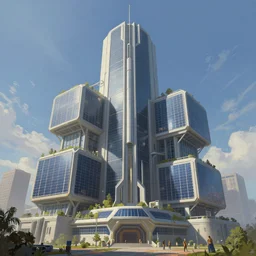 solarpunk concept art of a brutalist massive beautiful building viewed from below, beautiful, angular, hopeful, trending on artstation, award winning painting, cgi, art by john berkey and anton fadeev and john howe and simon stalenhag