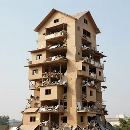 tall cardboard house made of junk, multiple floors over hanging one another, unorganized architecture, intricate detail