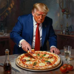 trump making a pizza. epic dark fantasy horror stylized oil painting by ivan shiskin. trending on artstation