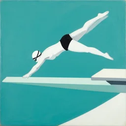 acrylic painting on wood of a woman wearing a swimming cap diving from a high diving board into a pool. mid - drive. medium distance. teal, white, black and grayscale. simple. flat. vintage, mid - century modern.