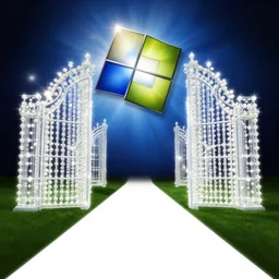 a highly detailed 4 k photograph of the windows xp bliss wallpaper with white pathway leading to the glowing pearly gates - winning photoshop creation. h 5 7 6