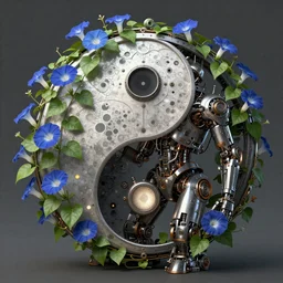 a beautiful intricate fine art RPG portrait photo of a  mechanical industrial steampunk cybernetic yin yang symbol, overgrown with morning glory flowers, montsera leaves by tom bagshaw and zach sutton, golden ratio composition,  studio lighting, 50mm lens, very detailed, bionic, cybernetic scifi, deep depth of field, artstation, 8K, highly coherent