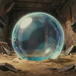 realistic interior shot from howl's moving castle ( 2 0 0 4 ) of a cubic bubble time portal in a crumbling flooded desert prison, cartoon, depth of field.