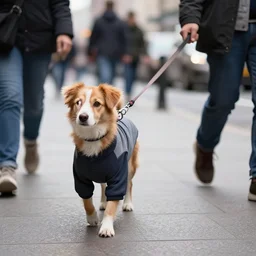 “Humanoid dog wearing clothes walking his leashed human pet on the busy city street. Photorealistic”