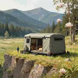 cabela's outdoors micro - compact modular hard shell pod home, family dwelling, quick assembly, utilitarian, glamping, person in foreground, cliffside mountainous forested wilderness open fields, beautiful views, painterly concept art, joanna gaines, environmental concept art, farmhouse, magnolia, concept art illustration by ross tran, james gurney, by craig mullins, by greg rutkowski